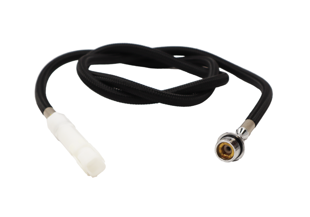 Black braided nylon hose with polished chrome threaded sprayhead connection and white plastic quick connect fitting.