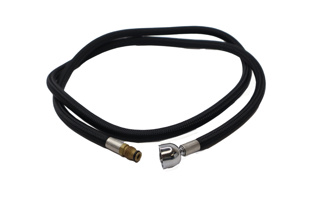 Black braided hose with polished chrome spray head connection and bright brass threaded faucet connection.