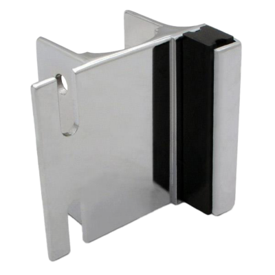 Polished chrome strike and keeper with screw holes and black rubber bumper.