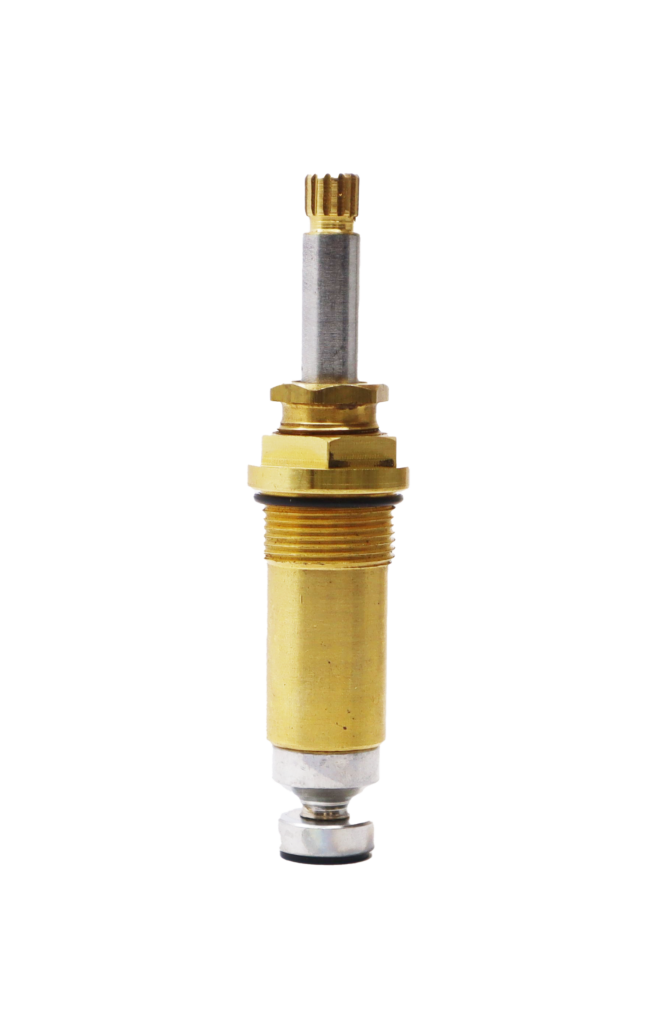 Polished chrome stem with bright brass body with black rubber o-ring and washer.
