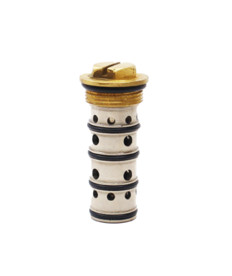 Stainless spool body with bright brass threaded top with black rubber o-rings and stainless internal piston.
