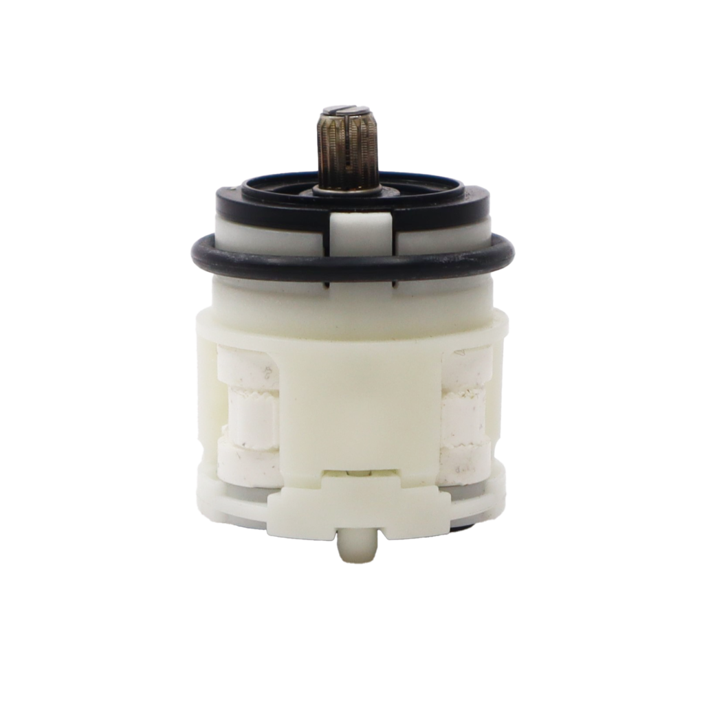 White plastic cartridge with black rubber o-ring and bottom seals.
