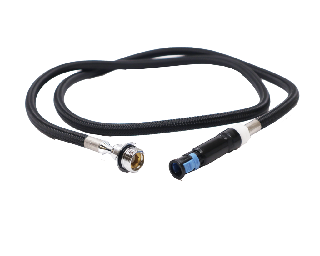 Black braided nylon hose with polished chrome spray head connection and black plastic quick connetion with blue release tab.