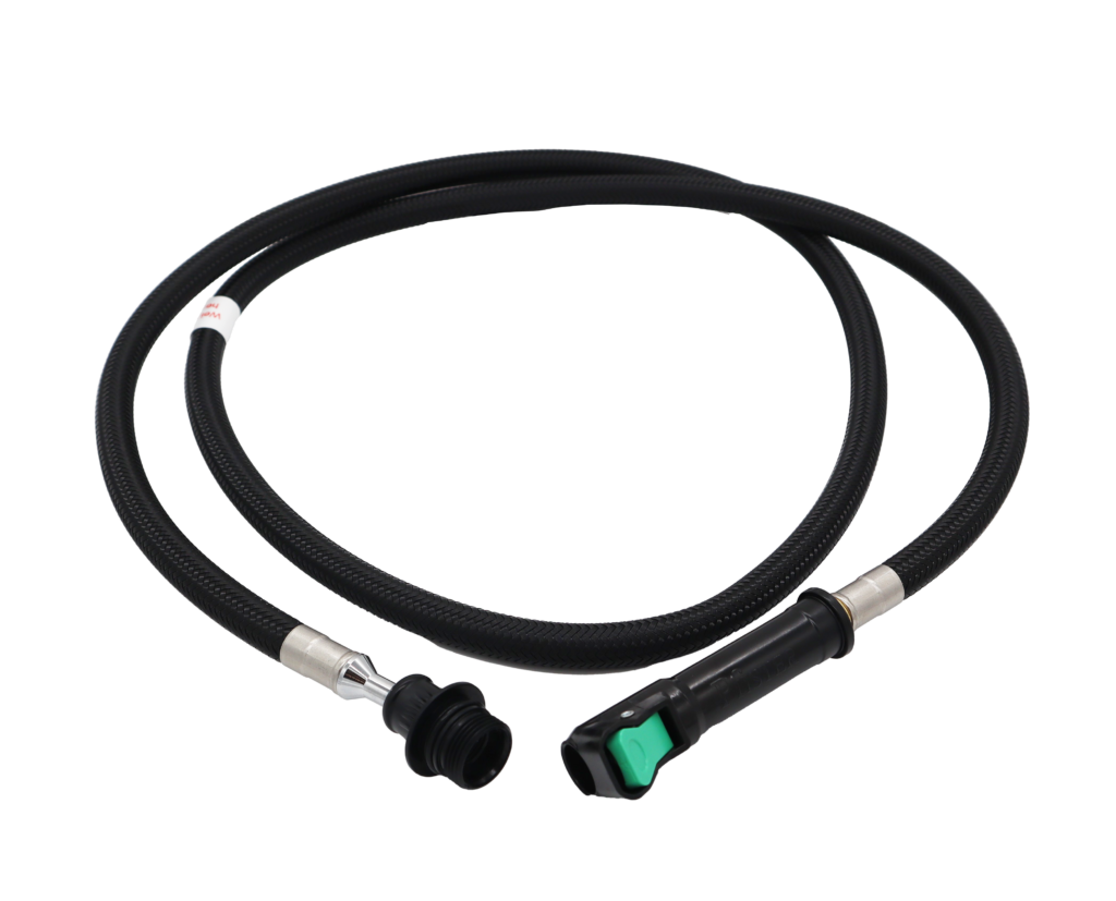 Braided black nylon hose with black plastic spray head connection and black plastic quick connect with green release.