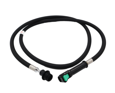 Braided black nylon hose with black plastic spray head connection and black plastic quick connect with green release.