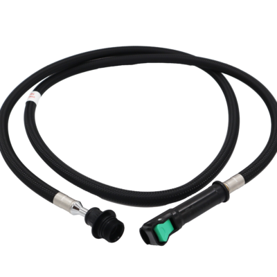 Braided black nylon hose with black plastic spray head connection and black plastic quick connect with green release.