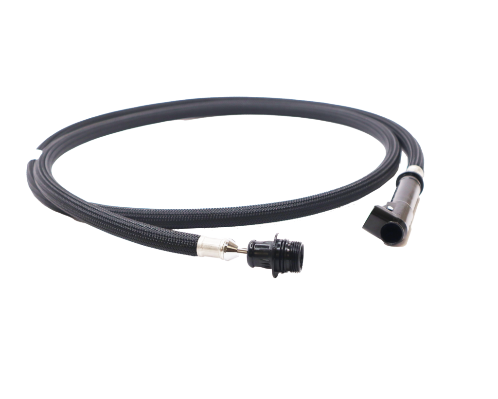 Black braided hose with black plastic sprayhead connection and quick connecttion to faucet.
