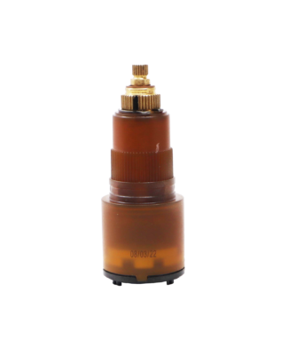 Clear brown platic cartridge with brass stem with blue bottom seal.