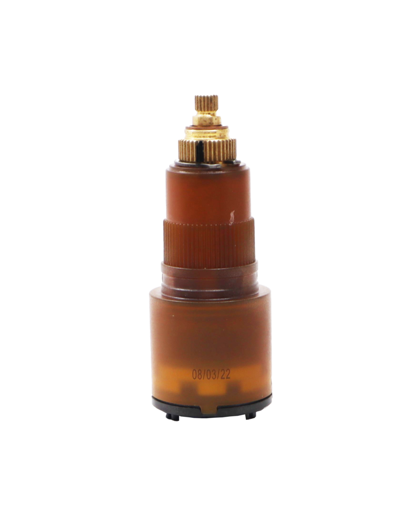 Clear brown platic cartridge with brass stem with blue bottom seal.