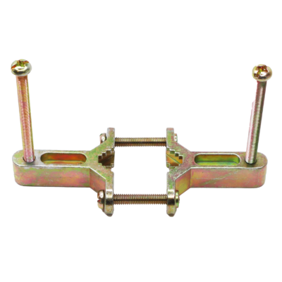 Metal bracket with brass screws.