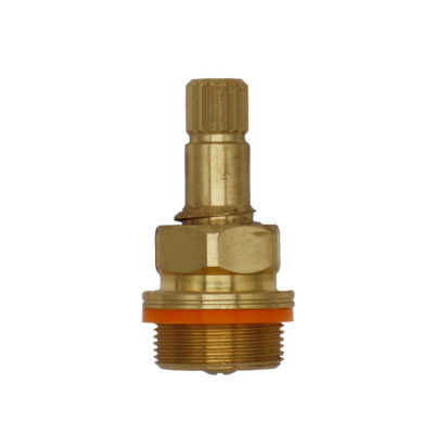 Brass stem with orange plastic o-ring black rubber washer and brass screw.