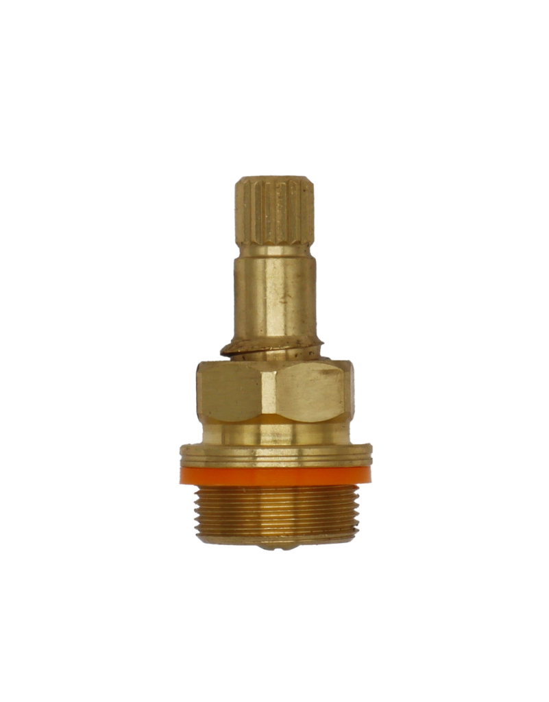 Brass stem with orange plastic o-ring black rubber washer and brass screw.