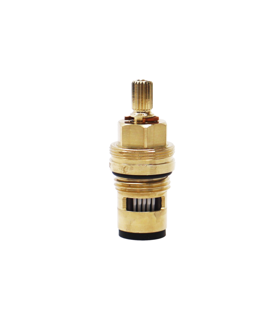 Bright brass cartridge with black rubber o-ring and washer with white ceramic discs.