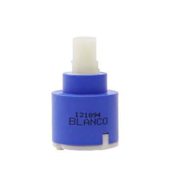 Blue plastic cartridge with white plastic handle connection and red bottom seal.
