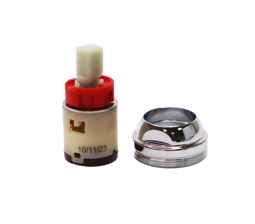 Clear plastic cartridge with red limit stop white square plastic handle connection with red bottom seals and chrome bonnet nut.