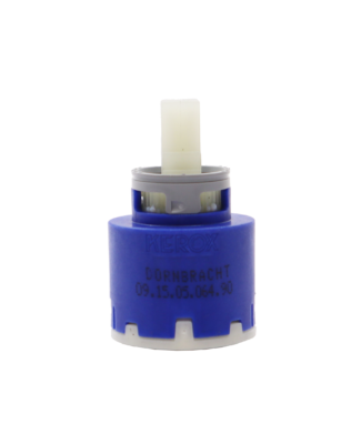 Blue plastic cartridge with grey limit stop with white plastic handle connection with black rubber seal.