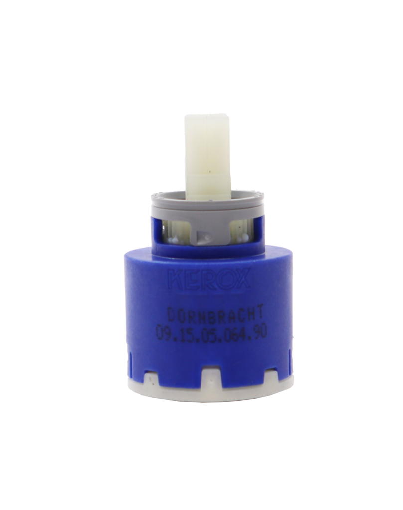 Blue plastic cartridge with grey limit stop with white plastic handle connection with black rubber seal.