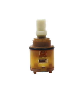 Tan & brown plastic cartridge with white square plastic handle connection black oring and blue bottom seal.