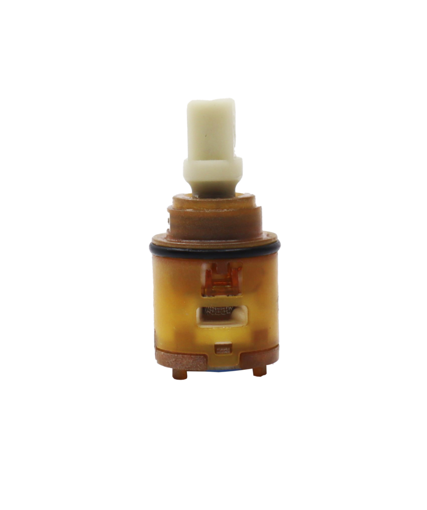 Tan & brown plastic cartridge with white square plastic handle connection black oring and blue bottom seal.