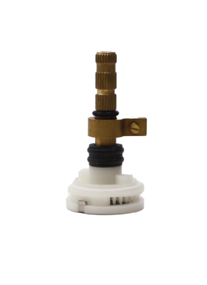 Bright brass stem with black rubber o-rings white plastic base an stainless bottom.