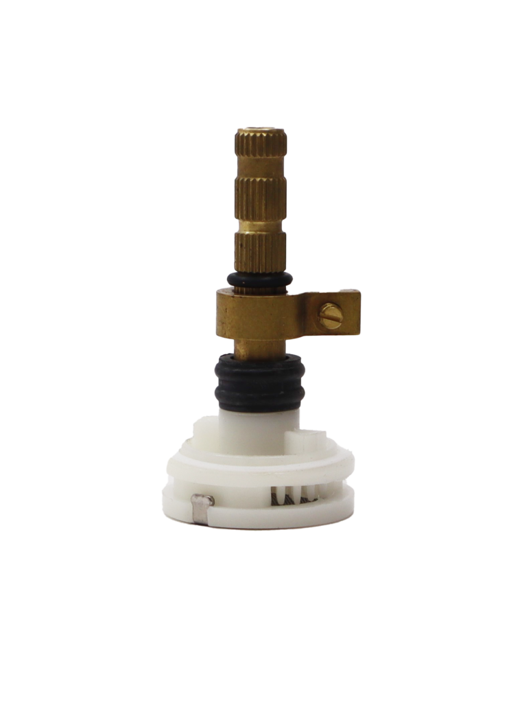 Bright brass stem with black rubber o-rings white plastic base an stainless bottom.