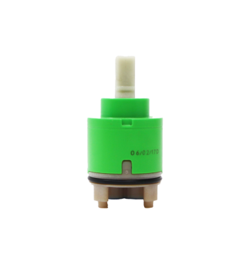 Lime green plastic cartridge with white plastic square handle connection black o-ring and blue seal.