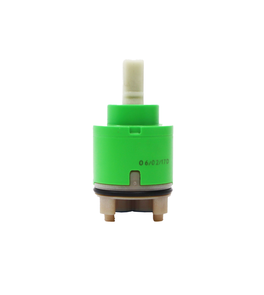 Lime green plastic cartridge with white plastic square handle connection black o-ring and blue seal.