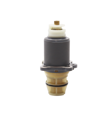 Pplastic thermostatic cartridge with brass stem and rubber seals.