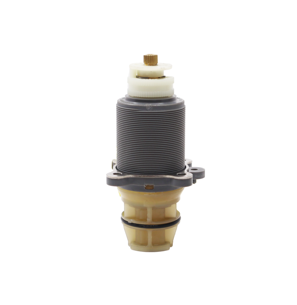 Pplastic thermostatic cartridge with brass stem and rubber seals.