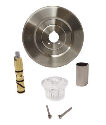 Brushed nickel escutcheon and sleeve with bright brass cartridge black rubber seals clear plastic handle and brushed nickel screws.