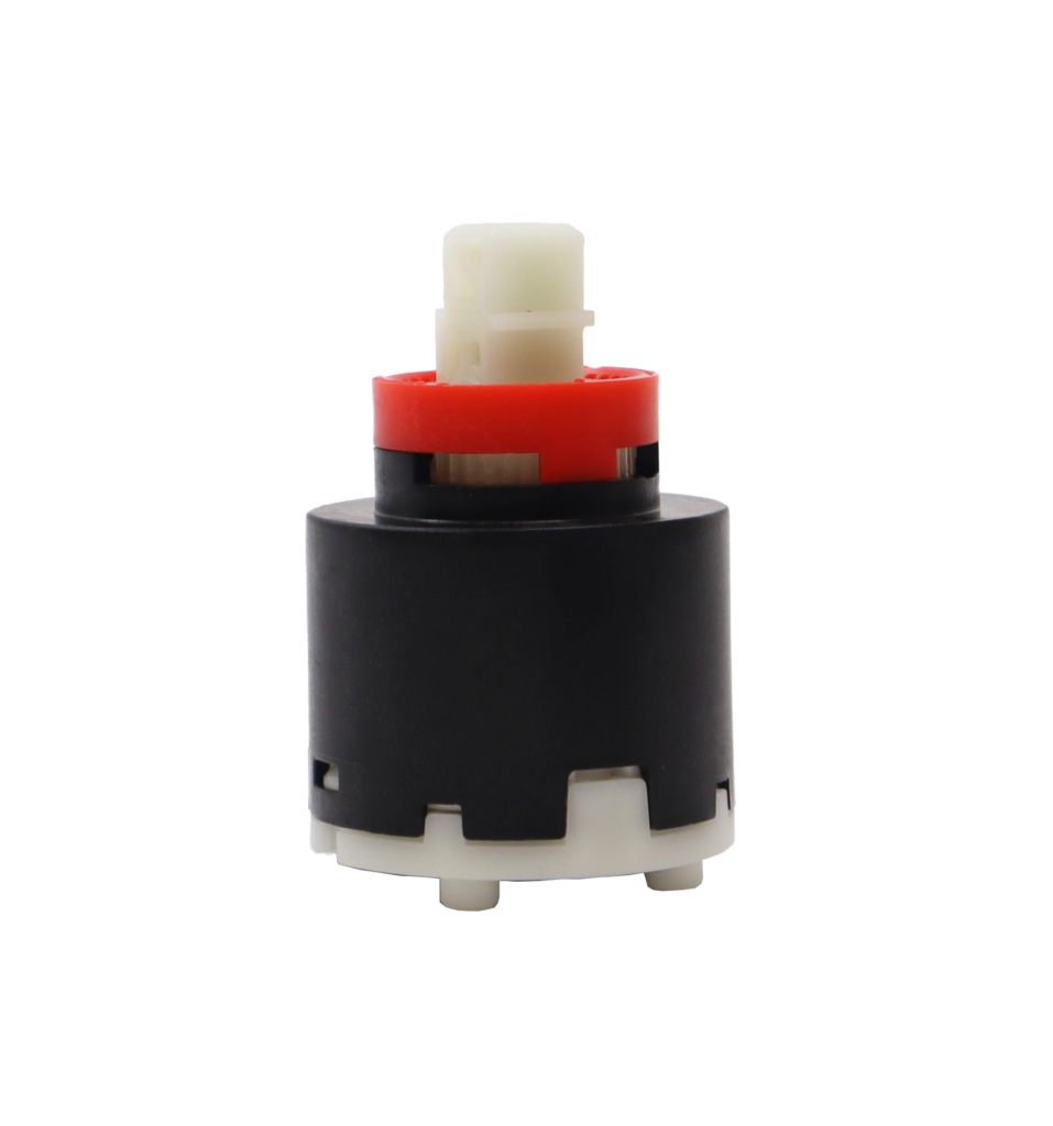 Black plastic cartridge with red limit stop with white square handle connection with white bottom and black seals.