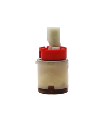 Clear plastic cartridge with red limit stop white square handle connection black bottom with blue rubber seal.