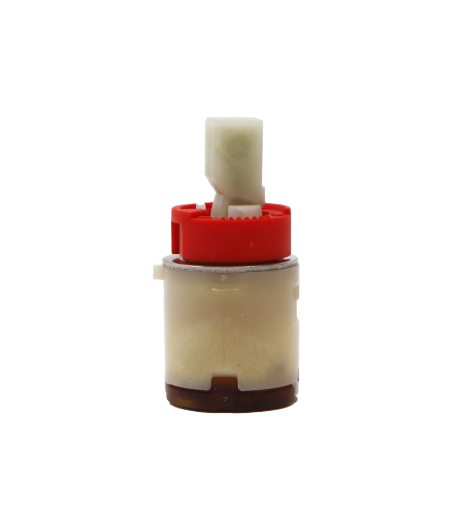 Clear plastic cartridge with red limit stop white square handle connection black bottom with blue rubber seal.