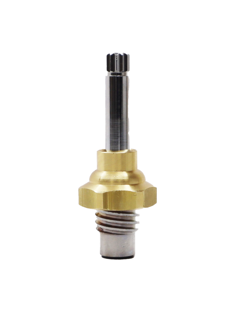 Polished chrome stem with bright brass bonnet nut and black rubber washer.