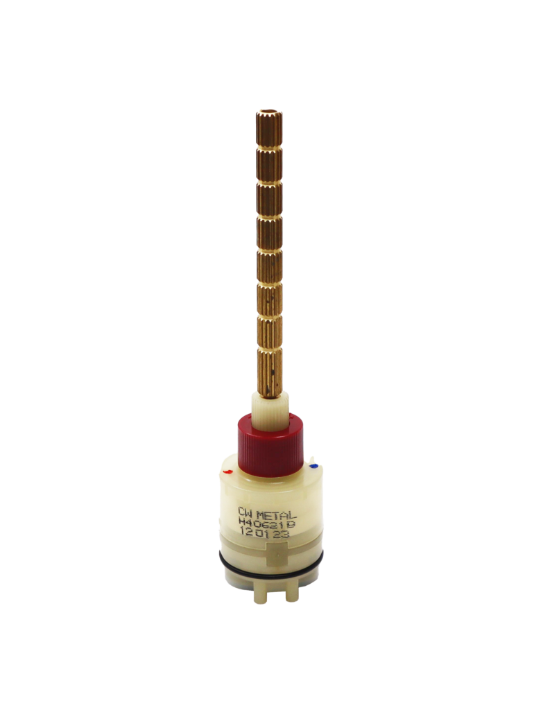 Clear plastic cartridge with red limit stop long brass handle connection with black rubber o-ring and blue rubber bottom seal.