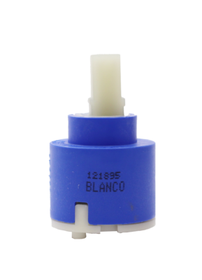 Bright blue plastic cartridge with white square plastic handle connection white bottom with red seals.