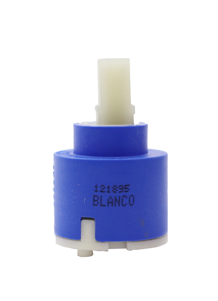 Bright blue plastic cartridge with white square plastic handle connection white bottom with red seals.