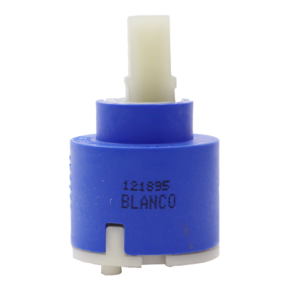 Bright blue plastic cartridge with white square plastic handle connection white bottom with red seals.