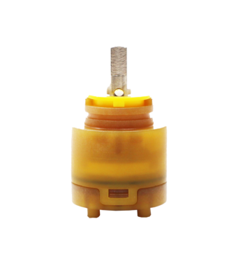 Clear yellow plastic cartridge with square metal handle connection with rubber seal.