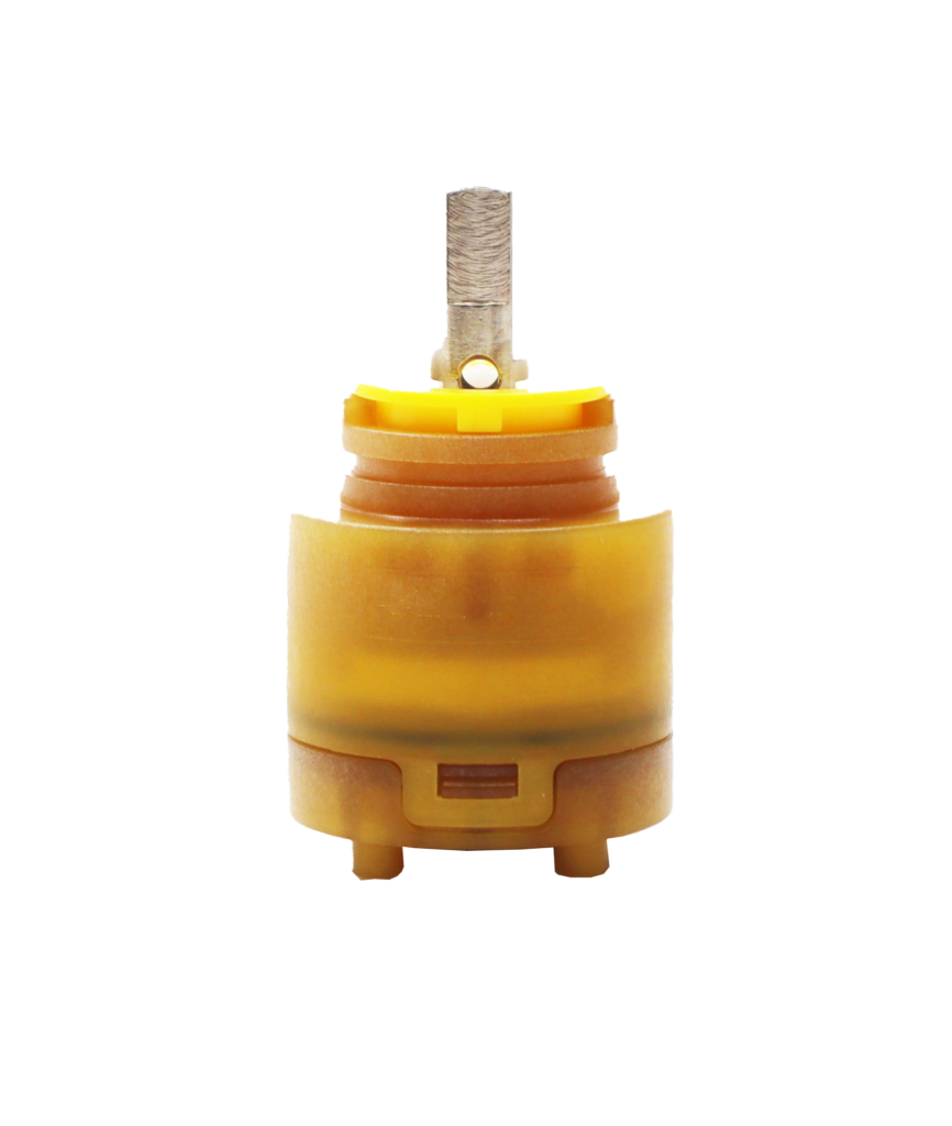 Clear yellow plastic cartridge with square metal handle connection with rubber seal.