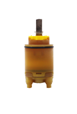 Brown plastic cartridge with yellow limit stop and square metal handle connection with black rubber o-ring and blue rubber seals.
