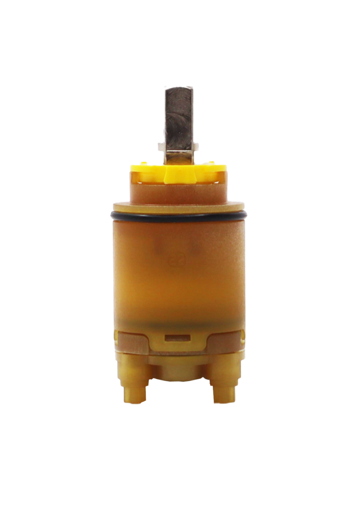 Brown plastic cartridge with yellow limit stop and square metal handle connection with black rubber o-ring and blue rubber seals.