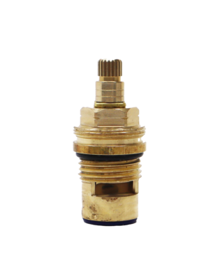 Bright brass body with black rubber o-ring white ceramic discs and rubber bottom seal.