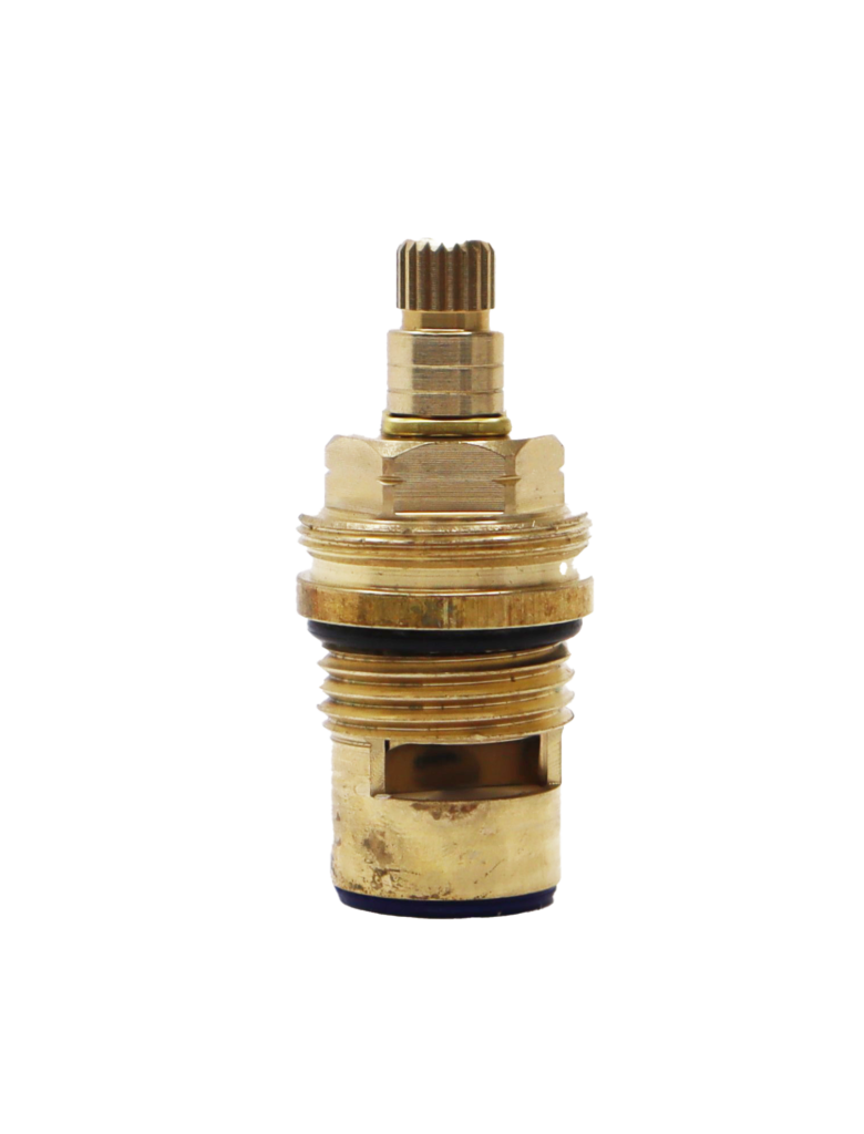 Bright brass body with black rubber o-ring white ceramic discs and rubber bottom seal.