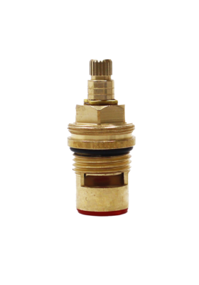 Bright brass body with black rubber o-ring white ceramic discs and red bottom seal.