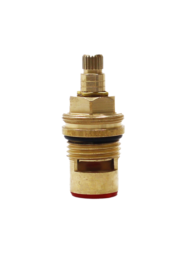 Bright brass body with black rubber o-ring white ceramic discs and red bottom seal.