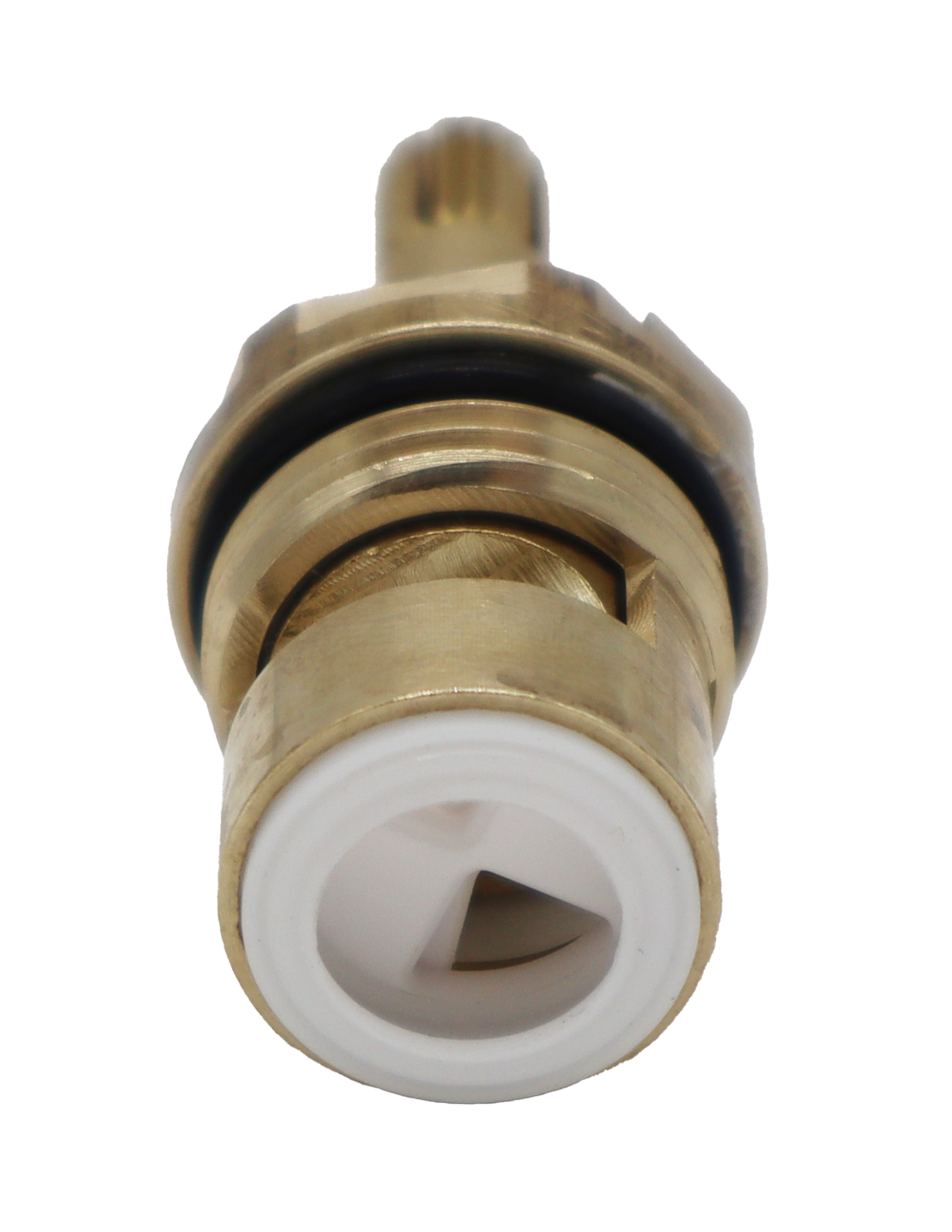 Bright brass cartridge with metal clip black oring white ceramic discs and white bottom washer.