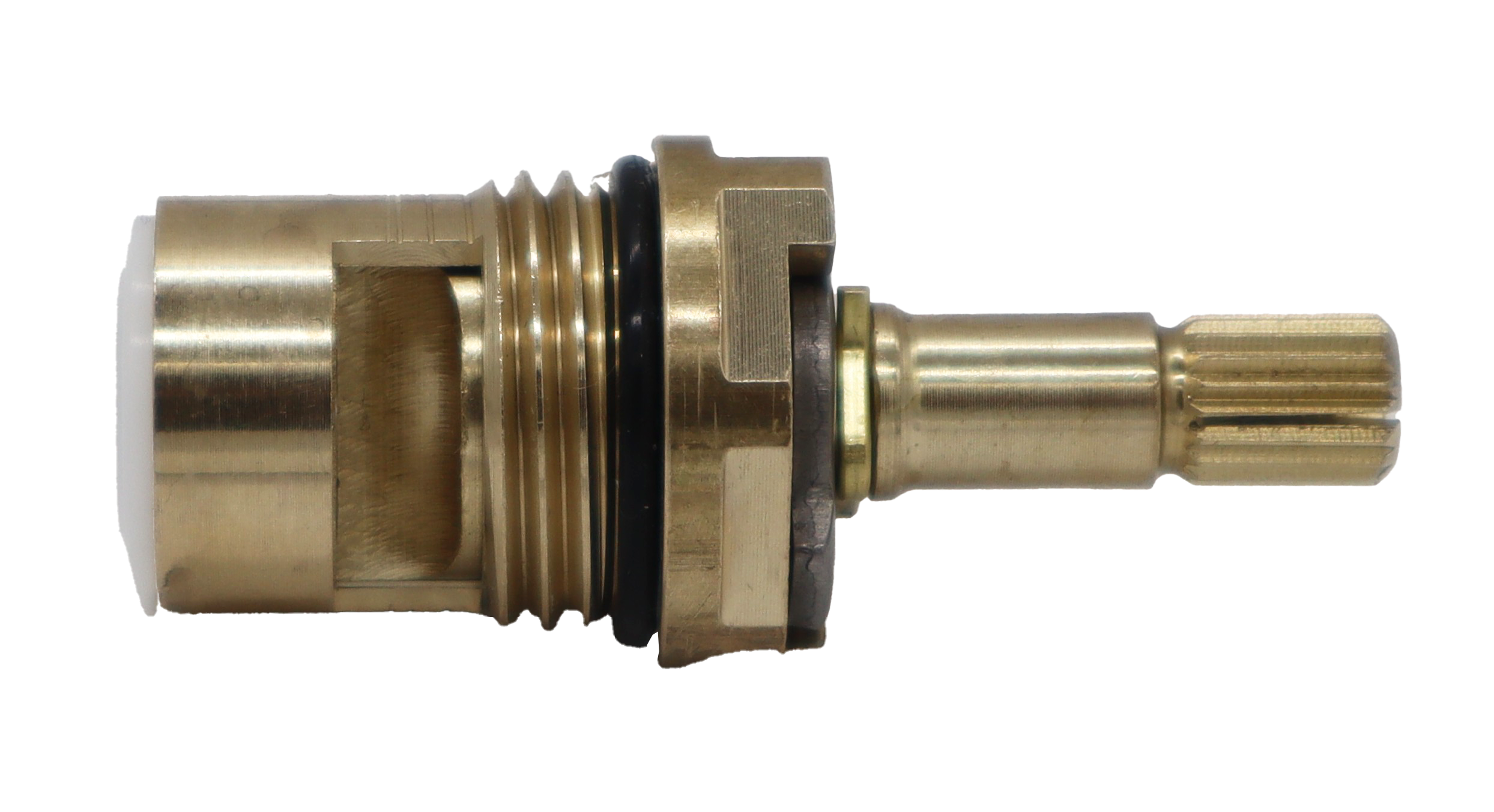 Bright brass cartridge with metal clip black oring white ceramic discs and white bottom washer.