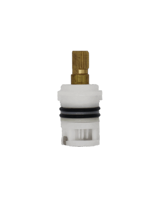 White plastic cartridge with brass stem black rubber o-rings and stainless bottom.