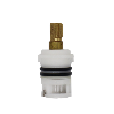 White plastic cartridge with brass stem black rubber o-rings and stainless bottom.
